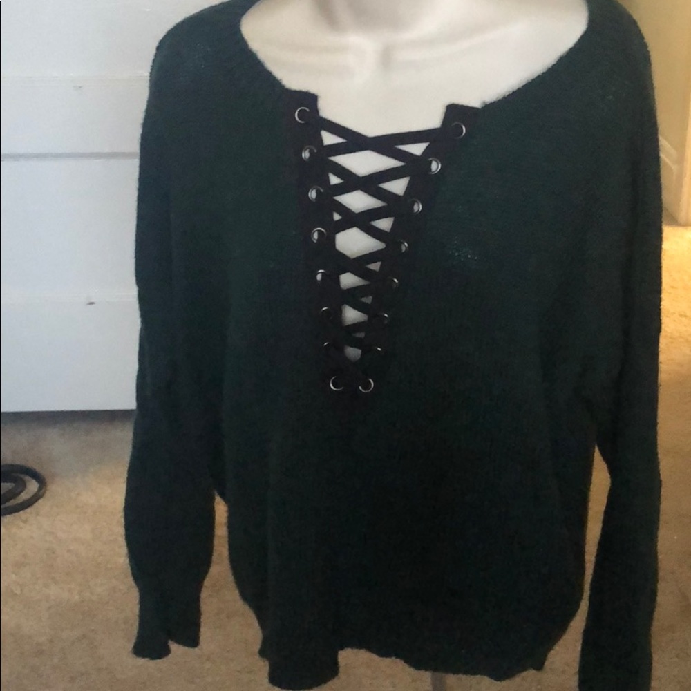 Express green sweater with lace up chest
